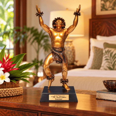 Kamalani, hula statue with raised arms
