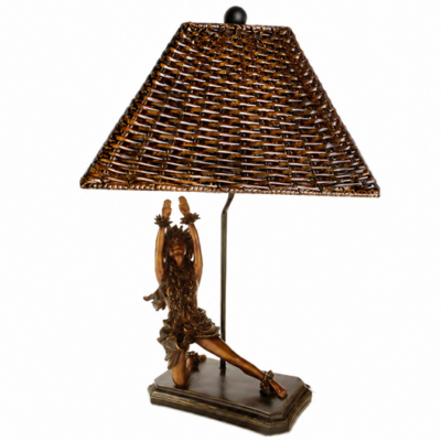 Kila Kila Hula Statue Lamp by Kim Taylor Reece with rattan shade and Vintage Patina Finish