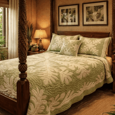 Hawaiian Quilt Bedspread - Reversible Ulu Design