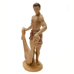Boy with Net & Lady with Fish Basket Fine Porcelain Hawaiian Miniature  Ceramic Figurine Set