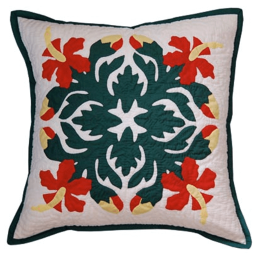 18" Hawaiian Quilted Pillow Slip - Red Hibiscus Design