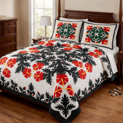 red hibiscus bedspread