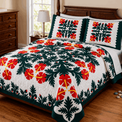 red hibiscus bed quilt