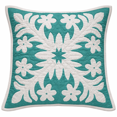 18" Hawaiian Quilt Pillow Slip - Off white on Aqua Green Plumeria