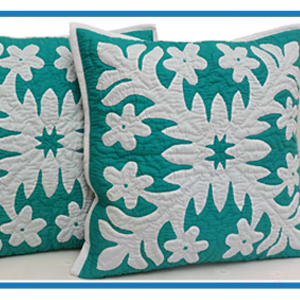 off white on aqua green Plumeria design 18" Hawaiian Quilt Pillow Slip