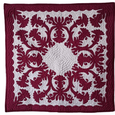 42" Hawaiian Quilt Wall Hanging - Burgundy Crown Flower