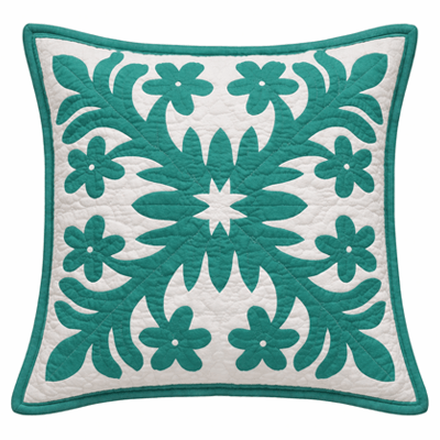 18" Hawaiian Quilt Pillow Slip - Aqua Green on Off white Plumeria