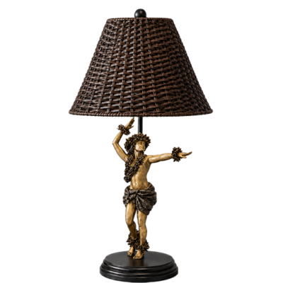 Makani Hula Statue Lamp by Kim Taylor Reece with rattan shade and Vintage Patina Finish