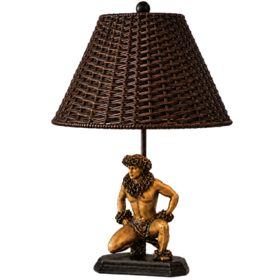 Kanekoa Hula Statue Lamp by Kim Taylor Reece with rattan shade and Vintage Patina Finish